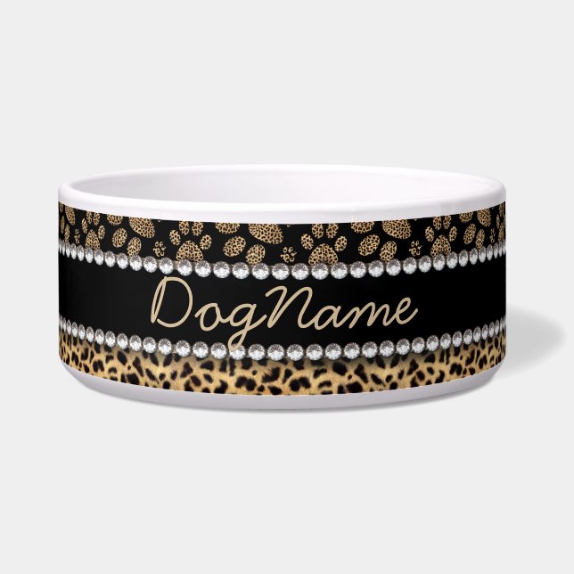 Leopard Spot Paw Prints Rhinestone Diamonds Voerbakje (Voorkant)