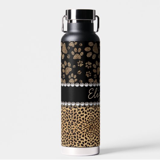 Leopard Spot Paw Prints Rhinestone Waterfles (Voorkant)