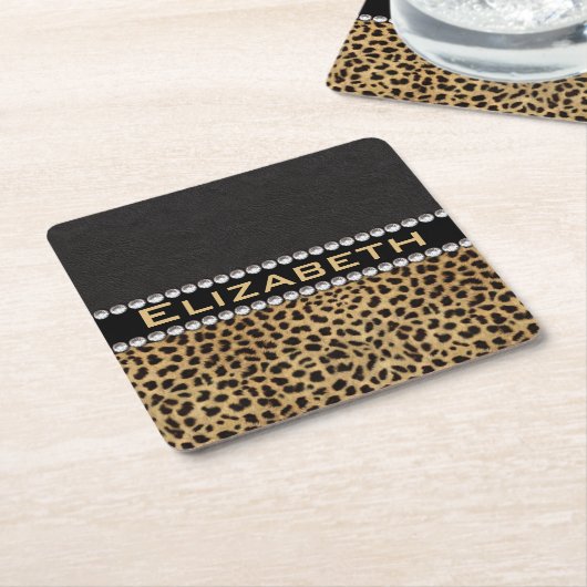 Leopard Spot Rhinestone Diamonds Monogram PHOTO Kartonnen Onderzetters (Schuin)
