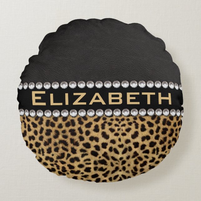 Leopard Spot Rhinestone Diamonds Monogram PHOTO Rond Kussen (Voorkant)