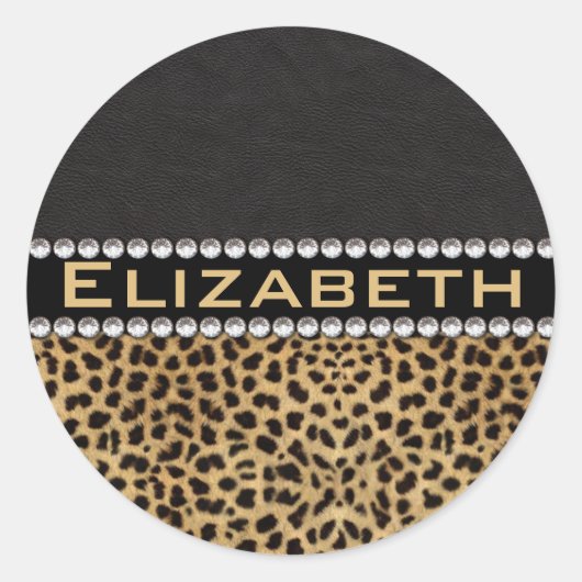 Leopard Spot Rhinestone Diamonds Monogram PHOTO Ronde Sticker (Voorkant)