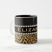 Leopard Spot Rhinestone Diamonds Monogram PHOTO Tweekleurige Koffiemok (Voorkant links)