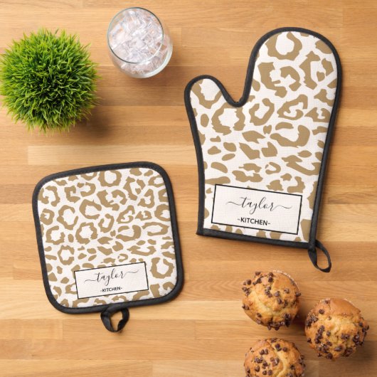 Leopard Spots Goud en Wit Dierenprint Patroon Ovenwant & Pannenlap Set (Top down)