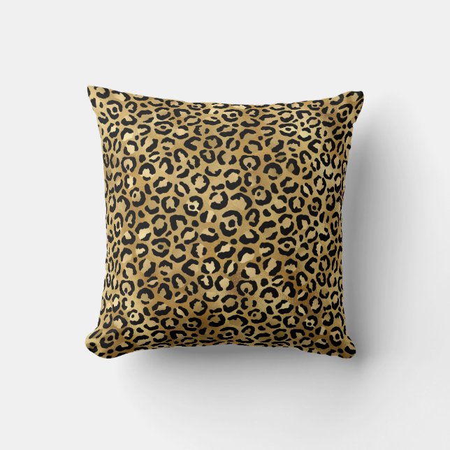 Leopard Spots Goud Zwart Dier Print Patroon Kussen (Voorkant)