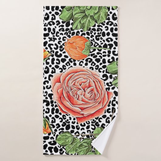 Leopard Spots Oranje Bloemige Dierenpatroon Badhanddoek (Badhanddoek)