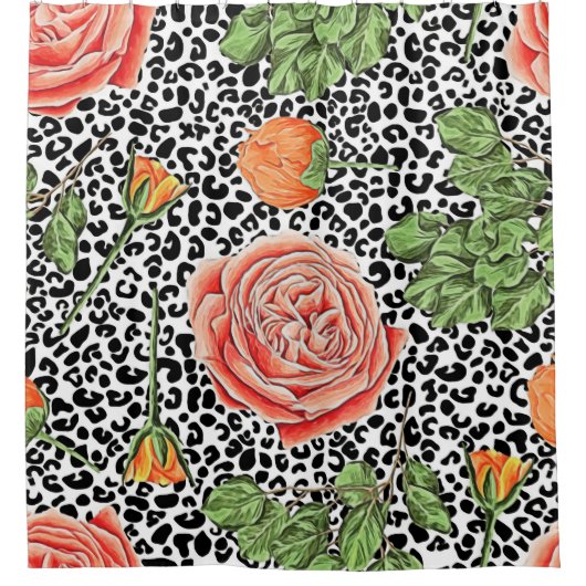 Leopard Spots Oranje Bloemige Dierenpatroon Douchegordijn (Voorkant)