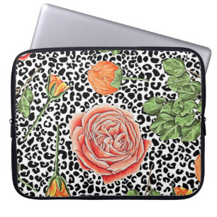 Leopard Spots Oranje Bloemige Dierenpatroon Laptop Sleeve