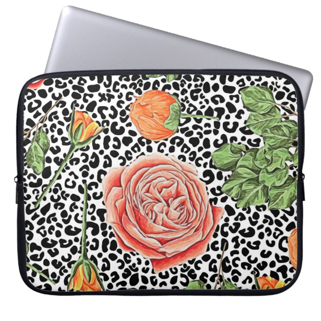 Leopard Spots Oranje Bloemige Dierenpatroon Laptop Sleeve (Voorkant)