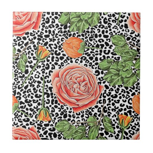 Leopard Spots Oranje Bloemige Dierenpatroon Tegeltje (Voorkant)
