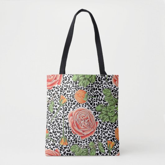 Leopard Spots Oranje Bloemige Dierenpatroon Tote Bag (Voorkant)