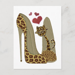Leopard Stiletto Shoes and Cat Art Briefkaart