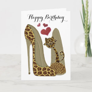 Leopard Stiletto Shoes and Cat Art Kaart