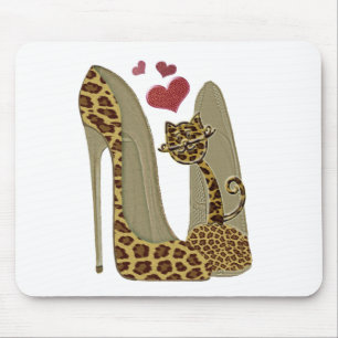 Leopard Stiletto Shoes and Cat Art Muismat