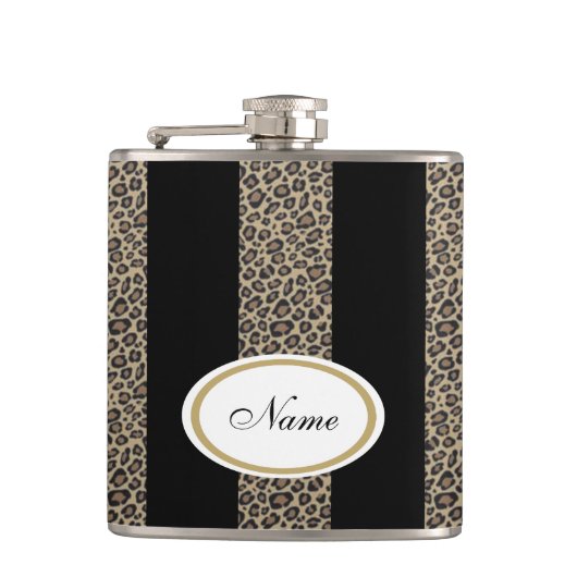 Leopard strepen elegante moderne klantnaam zwart heupfles (Voorkant)