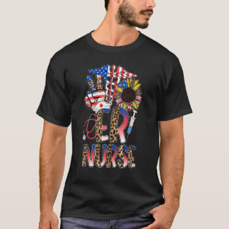 Leopard Sunflower Er Nurse American Flag 4th of J T-shirt
