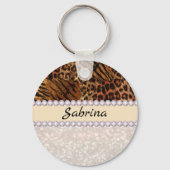 Leopard tijger huidroze diamantglitterkristallen sleutelhanger (Voorkant)