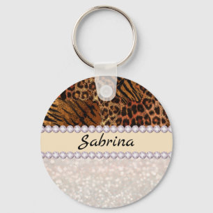 Leopard tijger huidroze diamantglitterkristallen sleutelhanger