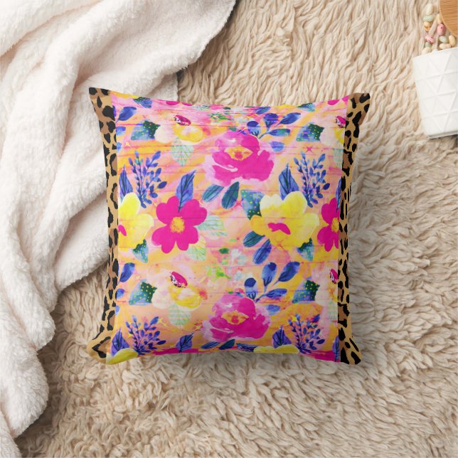 Leopard Trim Roze Bloemen Sierkussen (Deken)
