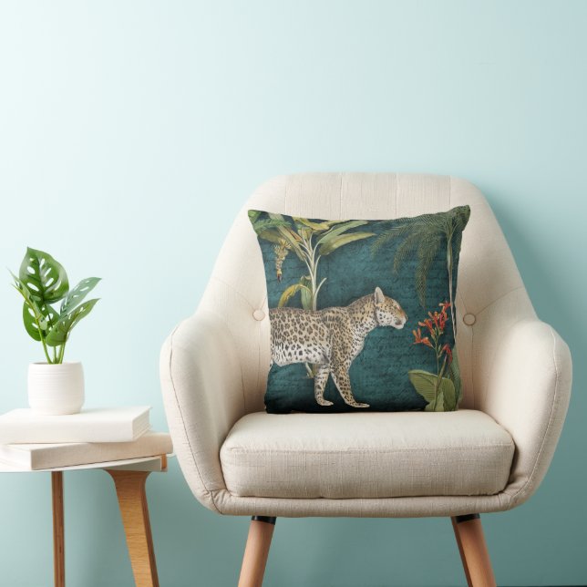 Leopard Tropical Floral n in Foliage Oerwoud Blauw Kussen (Stoel)