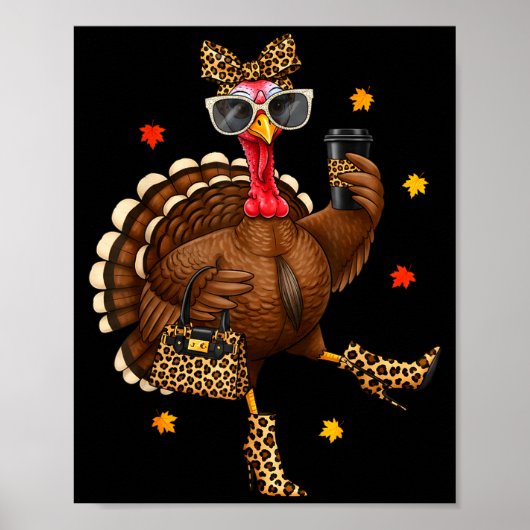 Leopard Turkey Drinking Coffee Thanksgiving Women  Poster (Voorkant)