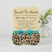Leopard Turquoise Bow Sweet 16 Feestuitnodiging Kaart (Staand voorkant)
