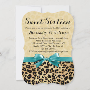 Leopard Turquoise Bow Sweet 16 Feestuitnodiging Kaart
