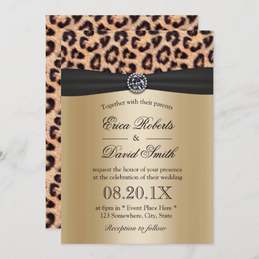Leopard Wedding Luxury Black & Gold Kaart (Voorkant / Achterkant)