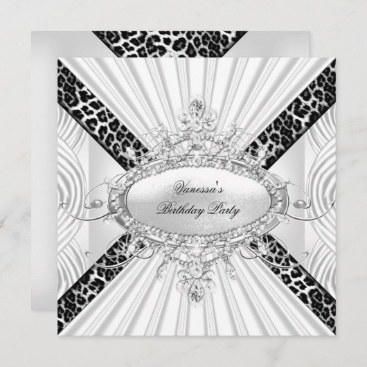 Leopard White Diamond Black Birthday Party Kaart (Voorkant / Achterkant)