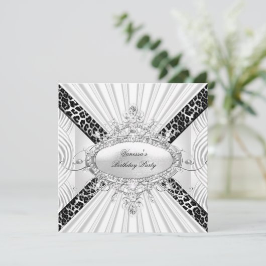 Leopard White Diamond Black Birthday Party Kaart (Staand voorkant)