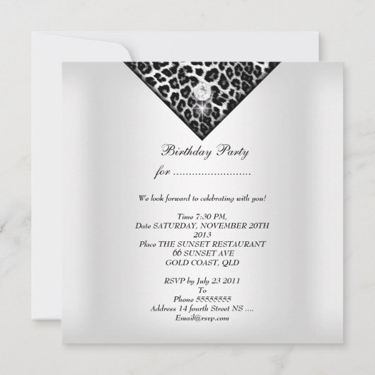 Leopard White Diamond Black Birthday Party Kaart (Achterkant)