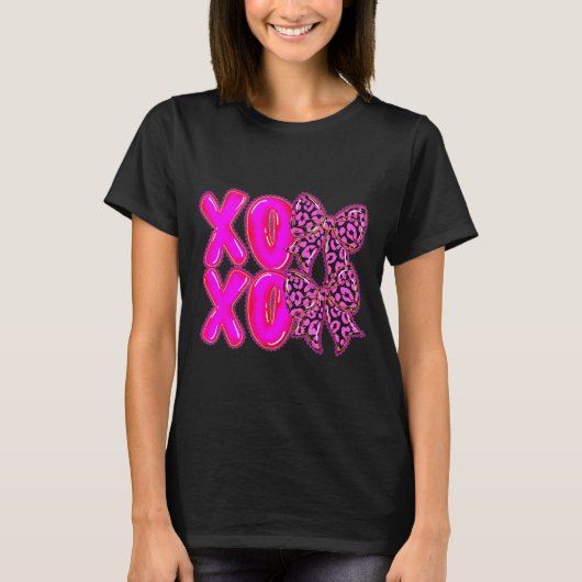 Leopard Xoxo Coquette Bow Hearts Valentine's Day W T-shirt (Voorkant)