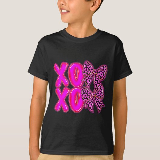 Leopard Xoxo Coquette Bow Hearts Valentine's Day W T-shirt (Voorkant)
