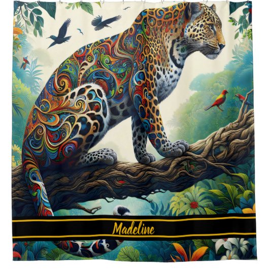 Leopard Zeal: Levendige Oerwouden Douchegordijn (Voorkant)