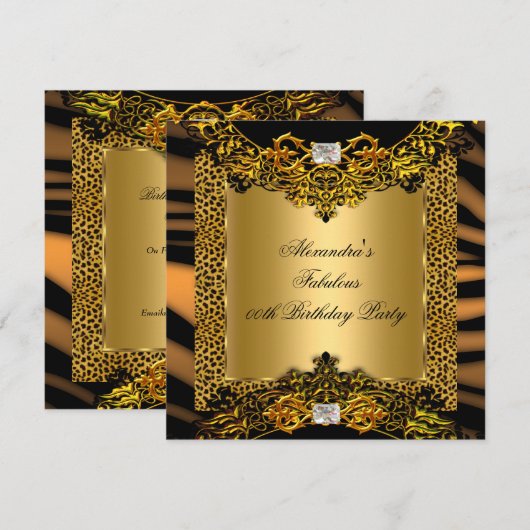 Leopard Zebra Gold Black Lace Diamond Birthday Kaart (Voorkant / Achterkant)