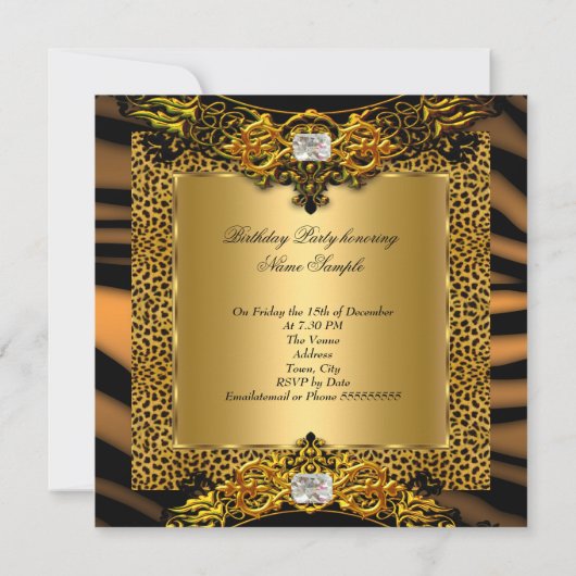Leopard Zebra Gold Black Lace Diamond Birthday Kaart (Achterkant)
