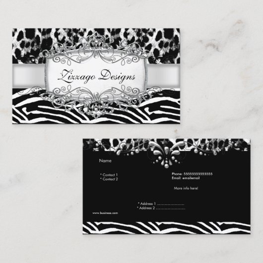 Leopard Zebra Silver Black White Stripe 2 Visitekaartje (Voorkant / Achterkant)