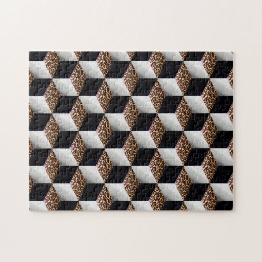 Leopard Zwart Wit Gekleurde 3D Look Cubes Legpuzzel (Horizontaal)