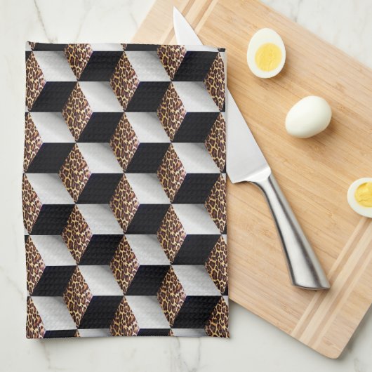 Leopard Zwart Wit Gekleurde 3D Look Cubes Theedoek (Quarter Fold)