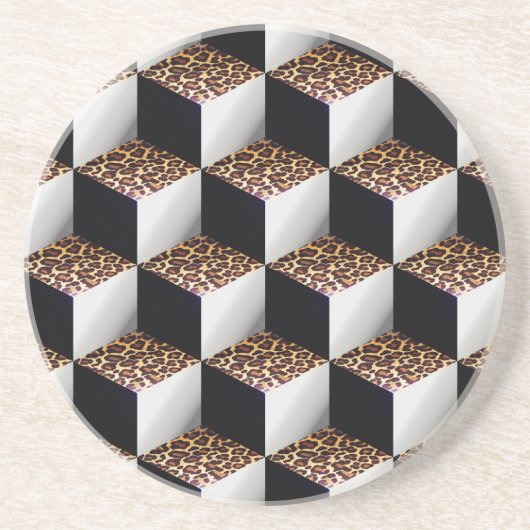 Leopard Zwart Wit Gekleurde 3D Look Cubes Zandsteen Onderzetter (Voorkant)