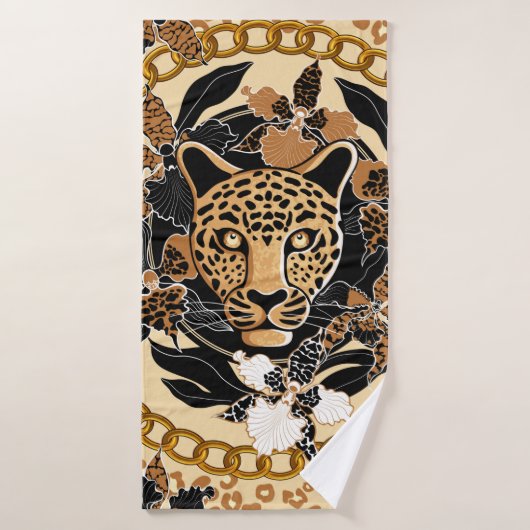 leopard's head surrounded by orchids, gold chain a badhanddoek (Badhanddoek)