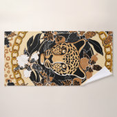 leopard's head surrounded by orchids, gold chain a badhanddoek (Badhanddoek)