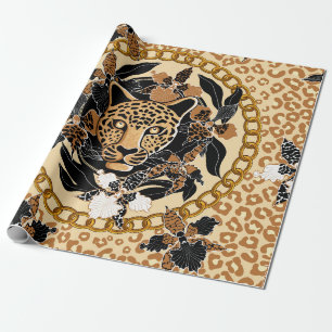 leopard's hoofd omgeven door orchideeën, gouden ke cadeaupapier