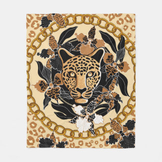 leopard's hoofd omgeven door orchideeën, gouden ke fleece deken