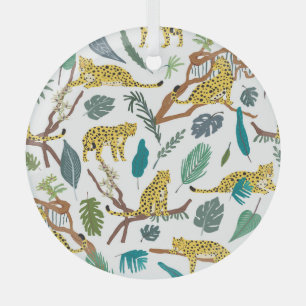 Leopards in jungle, hand-drawn pattern. glas ornament