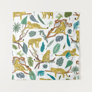 Leopards in jungle, hand-drawn pattern. wandkleed