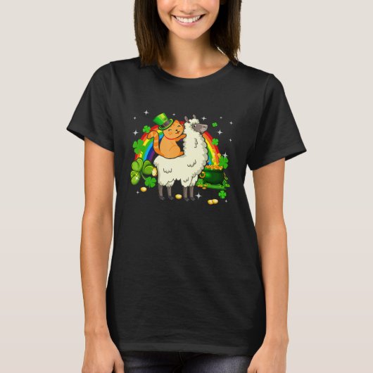 Leprechaun Cat Riding Llama Happy St Patricks Day T-shirt (Voorkant)