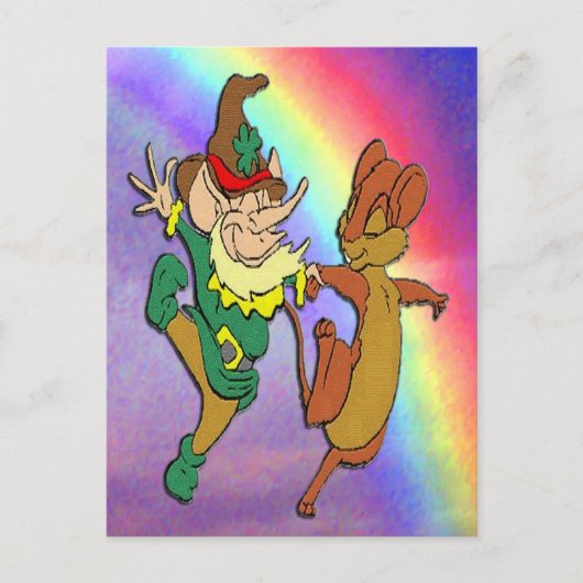 Leprechaun en Mouse Dansend met regenboog Briefkaart (Voorkant)