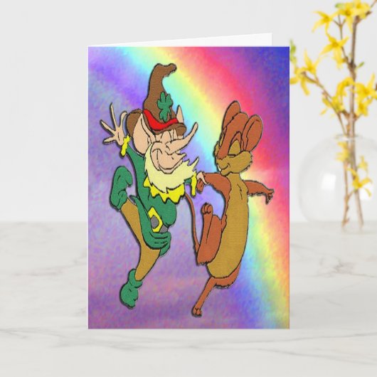Leprechaun en Mouse Dansend met regenboog Kaart (Gele Bloem)