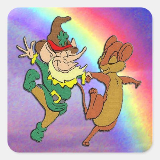 Leprechaun en Mouse Dansend met regenboog Vierkante Sticker (Voorkant)