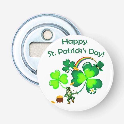 Leprechaun en Shamrock Button Flesopener (Voorkant)